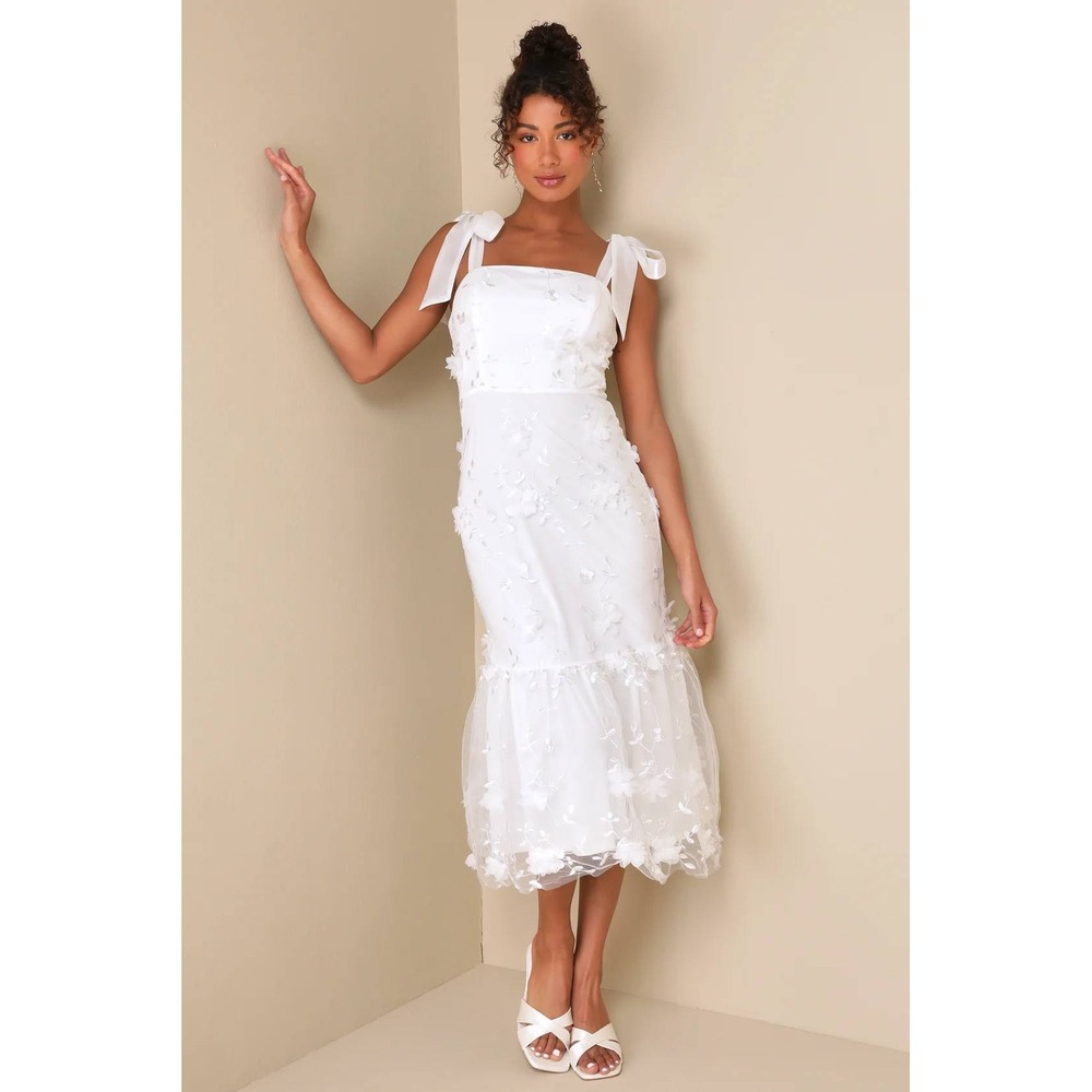 Lulus Divinely Adored White Embroidered Floral Tie-Strap Midi Dress Size Medium